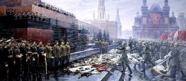 Socialist realist painting of the ceremony throwing Nazi German banners before the Soviet leadership on Red Square. Socialist realist painting of the ceremony throwing Nazi German banners before the Soviet leadership on Red Square. - Sputnik International