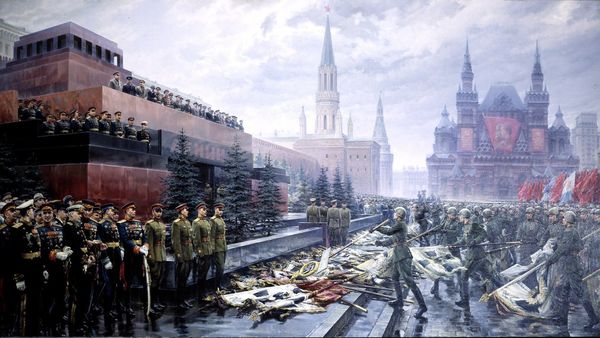 Socialist realist painting of the ceremony throwing Nazi German banners before the Soviet leadership on Red Square. Socialist realist painting of the ceremony throwing Nazi German banners before the Soviet leadership on Red Square. - Sputnik International