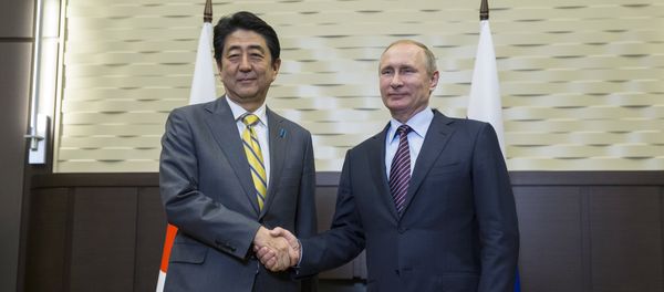 Russian President Vladimir Putin (R) shakes hands with Japanese Prime Minister Shinzo Abe during a meeting at the Bocharov Ruchei state residence in Sochi on May 6, 2016 - Sputnik International