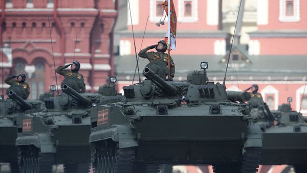 Troops ride BMP-3 infantry fighting vehicles on Red Square, Moscow during the final practice of the military parade marking the 71st anniversary of the victory in the Great Patriotic War - Sputnik International