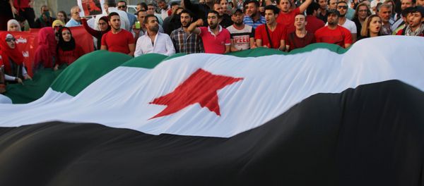 Syrian protesters hold a giant Syrian opposition flag (File) - Sputnik International