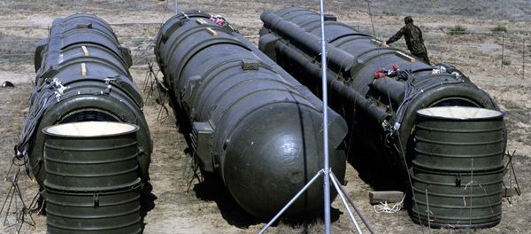 A bundle of three Soviet RSD-10 missiles prepared for demolition at the Kapustin Yar launch site. The missiles were destroyed in accordance with the INF Treaty. A bundle of three Soviet RSD-10 missiles prepared for demolition at the Kapustin Yar launch site. The missiles were destroyed in accordance with the INF Treaty. - Sputnik International