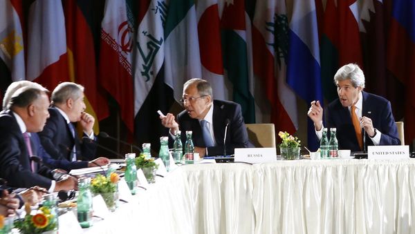 Russian Foreign Minister Sergei Lavrov (2ndR) and US Secretary of State John Kerry (R) lead talks on Syria on May 17, 2016 in Vienna Russian Foreign Minister Sergei Lavrov (2ndR) and US Secretary of State John Kerry (R) lead talks on Syria on May 17, 2016 in Vienna - Sputnik International