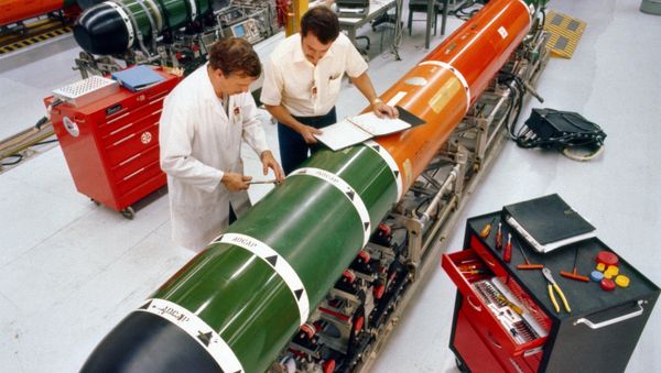 Technicians perform maintenance on a Mark 48 advanced capabilities torpedo at Keyport, Washington - Sputnik International