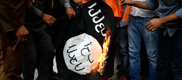 Activists from the right-wing Hindu Sena group burn a flag of the jihadist Islamic State group in New Delhi on August 5, 2015 Activists from the right-wing Hindu Sena group burn a flag of the jihadist Islamic State group in New Delhi on August 5, 2015 - Sputnik International