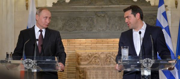May 27, 2016. Russian President Vladimir Putin, left, and Greek Prime Minister Alexis Tsipras during a joint news conference following Russian-Greek talks in Athens. May 27, 2016. Russian President Vladimir Putin, left, and Greek Prime Minister Alexis Tsipras during a joint news conference following Russian-Greek talks in Athens. - Sputnik International