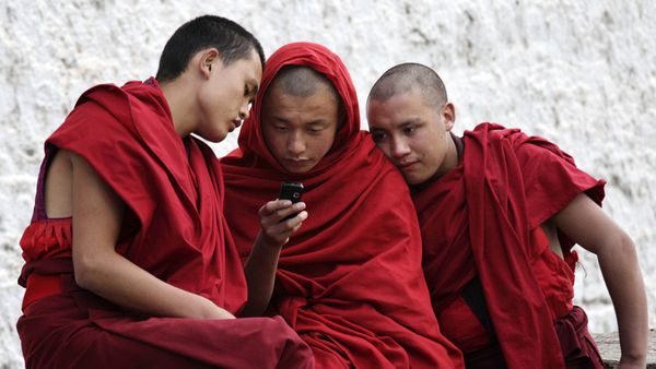 Buddhist monks looking at a mobile phone - Sputnik International