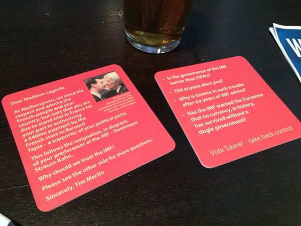 Pro Brexit beermats in the JD Wetherspoons pub in Edinburgh, Scotland. - Sputnik International