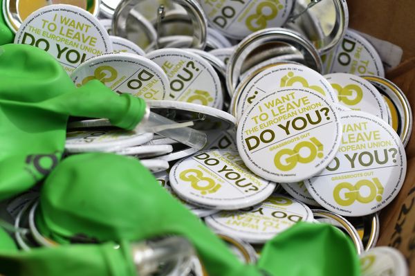 Anti-EU (European Union) badges are pictured during a United Kingdom Independence Party (UKIP) pro-Brexit campaign event, ahead of the forthcoming referendum, in Birmingham, central England, on May 31, 2016.  - Sputnik International