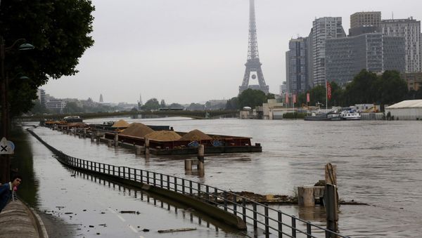 Barges are moored together near the Eiffel Tower as high waters cover the banks of the Seine River in Paris, France, after days of almost non-stop rain caused flooding in the country, June 2, 2016 - Sputnik International