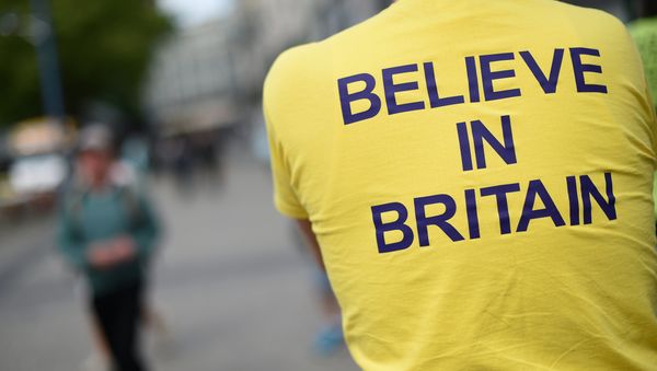 A campaigner wears a T-shirt bearing the slogan Believe In Britain as he attends an Anti-EU (European Union) United Kingdom Independence Party (UKIP) pro-Brexit campaign event, ahead of the forthcoming referendum, in Birmingham, central England, on May 31, 2016. A campaigner wears a T-shirt bearing the slogan Believe In Britain as he attends an Anti-EU (European Union) United Kingdom Independence Party (UKIP) pro-Brexit campaign event, ahead of the forthcoming referendum, in Birmingham, central England, on May 31, 2016. - Sputnik International