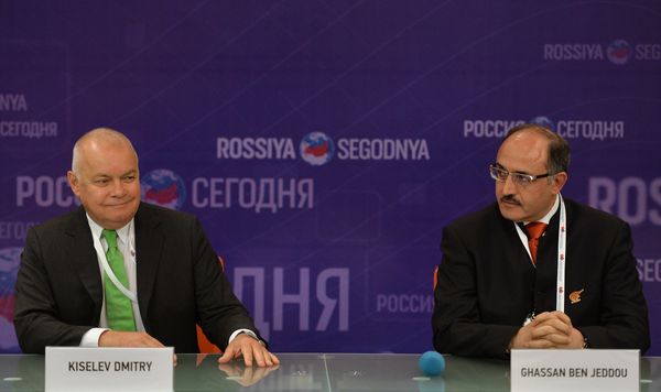 Dmitry Kiselev, left, Director General, Rossiya Segodnya International Information Agency, with Ghassan Ben Jeddou (Lebanon), Chairman of the Board of Directors, Al Mayadeen TV - Sputnik International