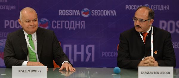 Dmitry Kiselev, left, Director General, Rossiya Segodnya International Information Agency, with Ghassan Ben Jeddou (Lebanon), Chairman of the Board of Directors, Al Mayadeen TV - Sputnik International