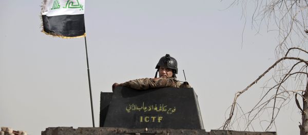 A soldier from Iraq's elite counterterrorism forces looks from the gun turret of a Humvee as troops gather on the edge of the Shuhada neighborhood in Islamic State-held Fallujah, Iraq - Sputnik International