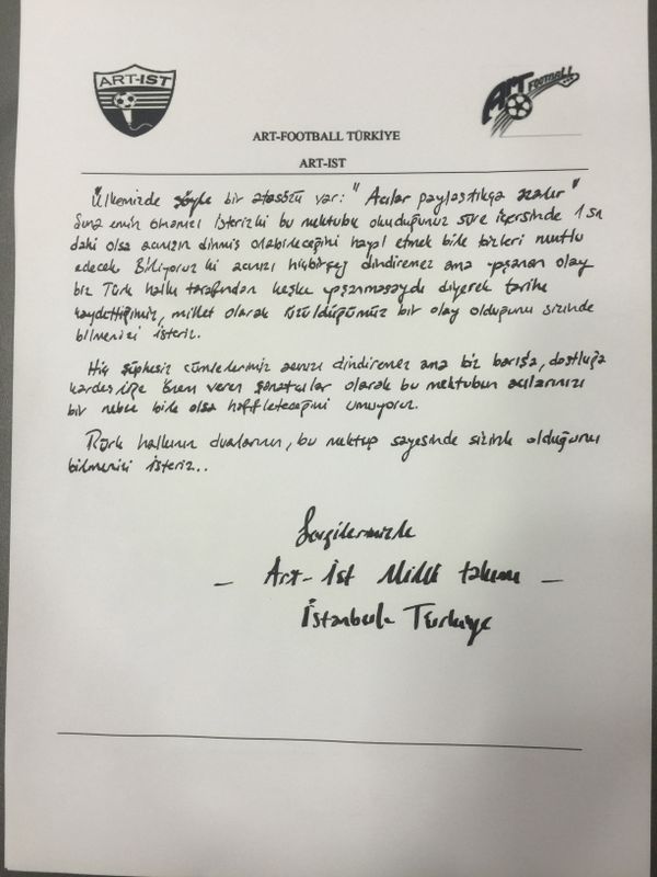 Letter written by Turkish Art-Football team to relatives of the slain Russian pilot. - Sputnik International