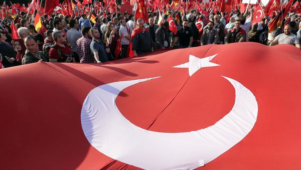 Protesters hold a national flag of Turkey in front of the Brandenburg gate in Berlin, Germany, Wednesday, June 1, 2016, as they demonstrate against a resolution of the German federal parliament, Bundestag, on the Armenian Genocide a century ago - Sputnik International