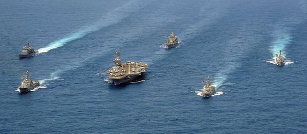 Ships from Carrier Strike Group 8 are in formation for a photo exercise in the Atlantic Ocean Ships from Carrier Strike Group 8 are in formation for a photo exercise in the Atlantic Ocean - Sputnik International