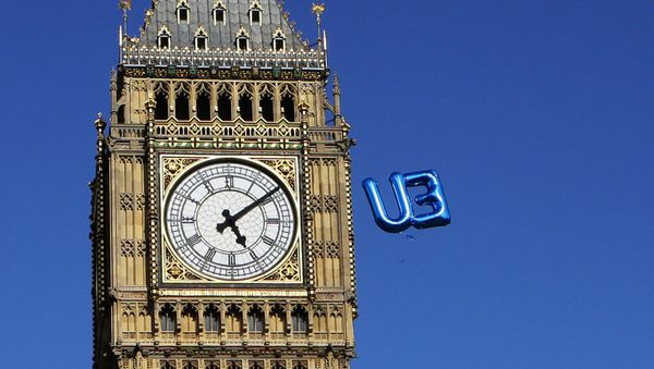 A balloon floats towards the Big Ben clock tower in Parliament Square during a 'March for Europe' demonstration against Britain's decision to leave the European Union, in central London, Britain, July 2, 2016. A balloon floats towards the Big Ben clock tower in Parliament Square during a 'March for Europe' demonstration against Britain's decision to leave the European Union, in central London, Britain, July 2, 2016. - Sputnik International