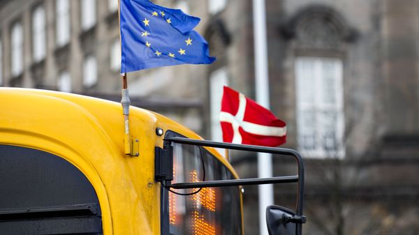 European flag and a Danish flag flying on a bus in Copenhagen (File) - Sputnik International