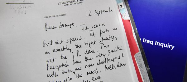 Detail of a declassified handwritten letter sent by the then British PM Tony Blair, to George Bush, is seen as part of the Iraq Inquiry Report, in London. Detail of a declassified handwritten letter sent by the then British PM Tony Blair, to George Bush, is seen as part of the Iraq Inquiry Report, in London. - Sputnik International