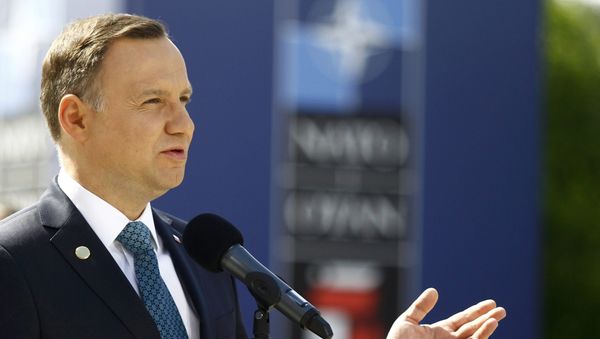 Poland's President Andrzej Duda speaks outside PGE National Stadium, the venue of the NATO Summit, in Warsaw, Poland July 8, 2016. - Sputnik International