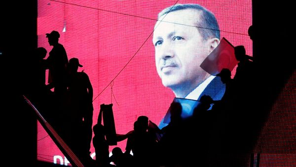 Turkish Supporters are silhouetted against a screan showing President Tayyip Erdogan during a pro-government demonstration in Ankara, Turkey, July 17, 2016. - Sputnik International