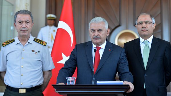 Chief of Staff General Hulusi Akar, Turkey's Prime Minister Binali Yildirim and Interior Minister Efkan Ala (LtoR) address a news conference, following an overnight attempted Turkish military coup, in Ankara, Turkey July 16, 2016 Chief of Staff General Hulusi Akar, Turkey's Prime Minister Binali Yildirim and Interior Minister Efkan Ala (LtoR) address a news conference, following an overnight attempted Turkish military coup, in Ankara, Turkey July 16, 2016 - Sputnik International
