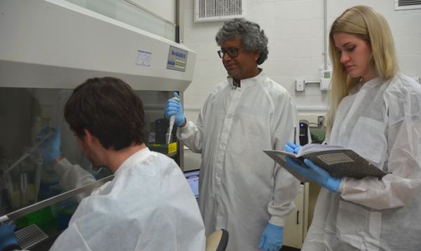 Kasthuri Venkat Venkateswaran, senior research scientist at JPL, center, works with engineer Ryan Hendrickson, left, and intern Courtney Carlson, right. Kasthuri Venkat Venkateswaran, senior research scientist at JPL, center, works with engineer Ryan Hendrickson, left, and intern Courtney Carlson, right. - Sputnik International