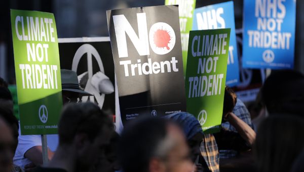 Demonstrators hold placards calling for government funds to be spent on the NHS and climate change, as they attend an anti-war and anti-trident demonstration near the Houses of Parliament in central London on July 18, 2016 - Sputnik International