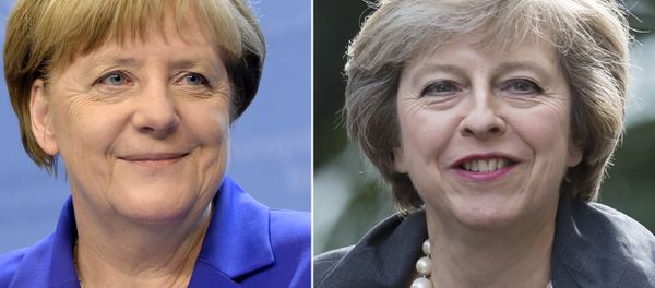 This combination of pictures created on July 13, 2016 shows (R) Britain's Home Secretary and new leader of the Conservative Party Theresa May arriving in Downing Street in London on July 12, 2016 and German Chancellor Angela Merkel smiling as she addresses the media at the end of the second day of an EU - Summit at the EU headquarters in Brussels on June 29, 2016. - Sputnik International