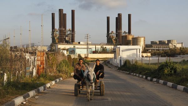 Palestinians ride a donkey-pulled cart past Gaza's sole power plant in Nusairat Palestinians ride a donkey-pulled cart past Gaza's sole power plant in Nusairat - Sputnik International