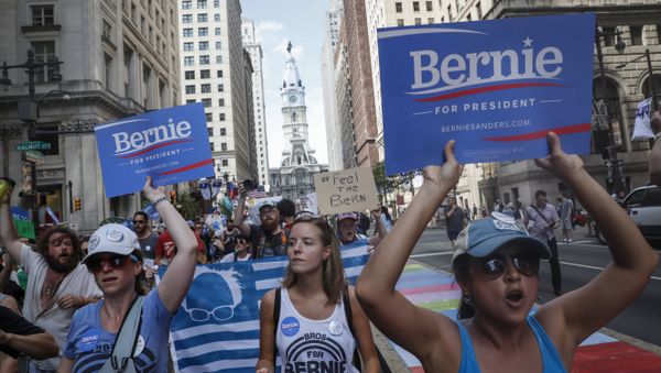 Supporters of Sen. Bernie Sanders, I-Vt., march during a protest in downtown on Sunday, July 24, 2016, in Philadelphia. The Democratic National Convention starts Monday in Philadelphia. Supporters of Sen. Bernie Sanders, I-Vt., march during a protest in downtown on Sunday, July 24, 2016, in Philadelphia. The Democratic National Convention starts Monday in Philadelphia. - Sputnik International