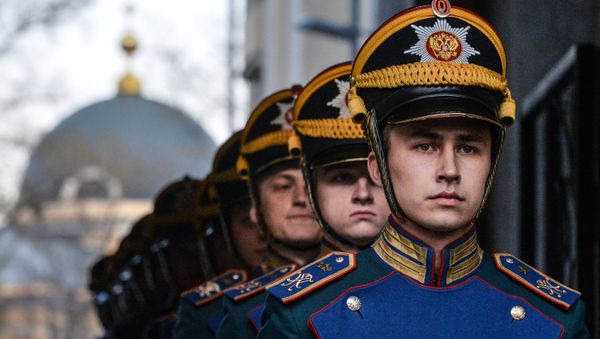 An exhibition performance of the Presidential Regiment's Special Guards Squadron during the opening of the exhibition Kremlin Honor Guard Traditions at the Museum of Military History of the Russian Military-Historical Society Shooters Chambers in Moscow. - Sputnik International