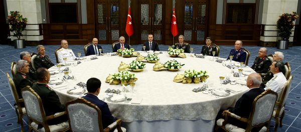 Turkey's President Tayyip Erdogan (C) meets with Turkey's Prime Minister Binali Yildirim (8th L), Chief of Staff General Hulusi Akar (7th R) and the members of High Military Council around a dinner table at the Presidential Palace in Ankara, Turkey, July 28, 2016 Turkey's President Tayyip Erdogan (C) meets with Turkey's Prime Minister Binali Yildirim (8th L), Chief of Staff General Hulusi Akar (7th R) and the members of High Military Council around a dinner table at the Presidential Palace in Ankara, Turkey, July 28, 2016 - Sputnik International