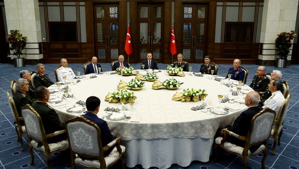 Turkey's President Tayyip Erdogan (C) meets with Turkey's Prime Minister Binali Yildirim (8th L), Chief of Staff General Hulusi Akar (7th R) and the members of High Military Council around a dinner table at the Presidential Palace in Ankara, Turkey, July 28, 2016 Turkey's President Tayyip Erdogan (C) meets with Turkey's Prime Minister Binali Yildirim (8th L), Chief of Staff General Hulusi Akar (7th R) and the members of High Military Council around a dinner table at the Presidential Palace in Ankara, Turkey, July 28, 2016 - Sputnik International