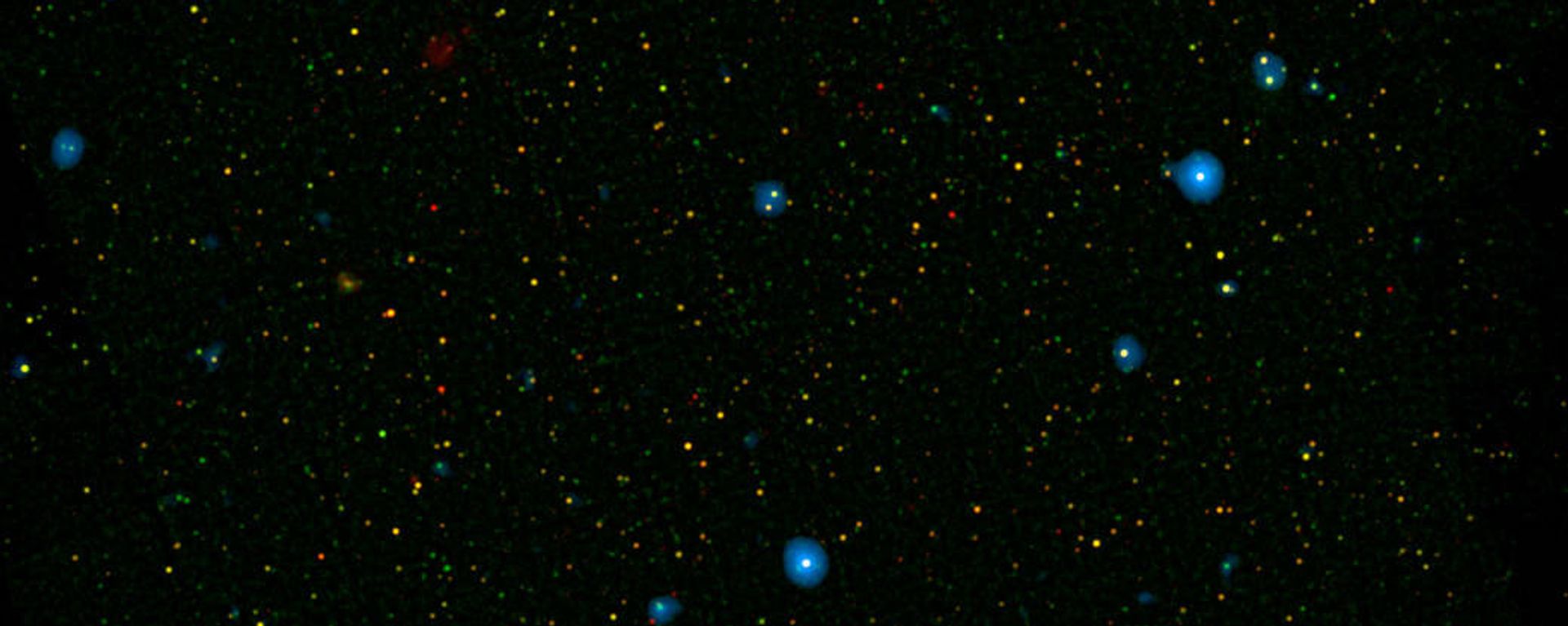 The blue dots in this field of galaxies, known as the COSMOS field, show galaxies that contain supermassive black holes emitting high-energy X-rays The blue dots in this field of galaxies, known as the COSMOS field, show galaxies that contain supermassive black holes emitting high-energy X-rays - Sputnik International, 1920, 16.01.2022