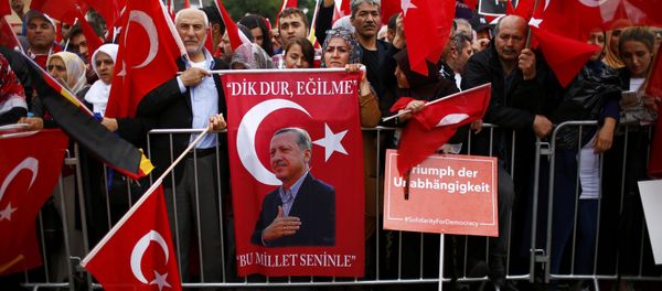 Supporters of Turkish President Tayyip Erdogan hold Turkish flags during a pro-government protest in Cologne, Germany - Sputnik International