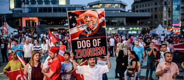 A Pro-Erdogan supporter holds a portrait of US-based cleric Fethullah Gulen during a rally against the military coup on Taksim square in Istanbul on July 25, 2016 - Sputnik International