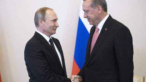 Russian President Vladimir Putin meets with Turkish President Recep Tayyip Erdogan at the Constantine Palace. Russian President Vladimir Putin meets with Turkish President Recep Tayyip Erdogan at the Constantine Palace. - Sputnik International
