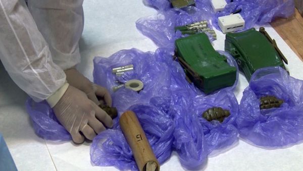Grenades and land mines found during detention of Ukrainian saboteurs detained by the Russian Federal Security Service in Crimea. The detainee planned a number of attacks using explosives, in Crimea. (A still from a video, courtesy of the FSB Public Relations Center) - Sputnik International