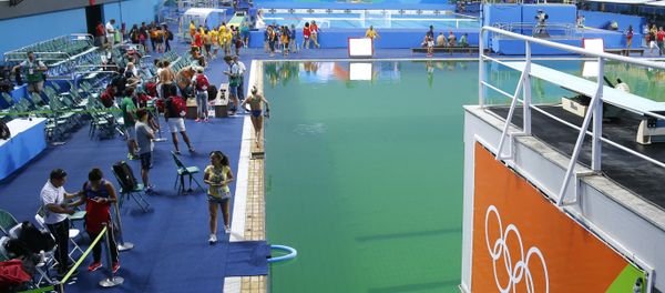 A general view shows the green water in the pool before the Women's Synchronised 10m Platform Final as part of the diving event at the Rio 2016 Olympic Games at the Maria Lenk Aquatics Stadium in Rio de Janeiro - Sputnik International