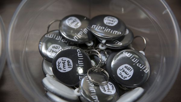 Islamic State group pins are on display at an Islamic bookstore where books about Islam, militant Islamic leaders and Islamic flags are displayed in the Fatih district of Istanbul, Monday, Oct. 13, 2014 - Sputnik International