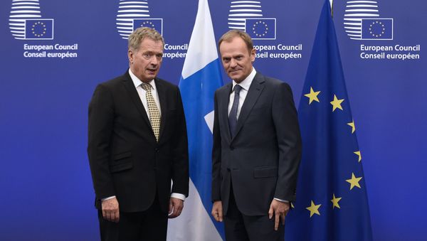 European Union President Donald Tusk (R) poses with Finnish President Sauli Niinisto before their bilateral meeting on January 21, 2015 at the EU Headquarters in Brussels. European Union President Donald Tusk (R) poses with Finnish President Sauli Niinisto before their bilateral meeting on January 21, 2015 at the EU Headquarters in Brussels. - Sputnik International