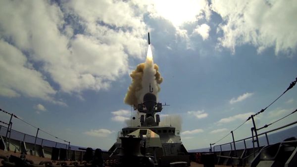 A Russian Navy ship launches a Kalibr cruise missile at the Jabhat Al-Nusra terrorist groupfrom the Mediterranean Sea. File photo - Sputnik International