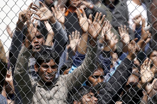 Migrants demonstrate inside the Moria registration centre on the Greek island of Lesbos. - Sputnik International