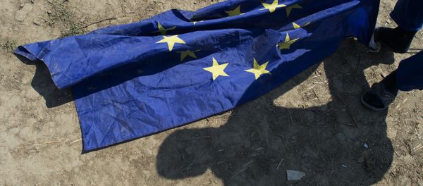 A migrant from Afghanistan grabs for an EU flag next to his tent at a makeshift camp for migrants and refugees near the village of Idomeni not far from the Greek-Macedonian border on May 1, 2016. A migrant from Afghanistan grabs for an EU flag next to his tent at a makeshift camp for migrants and refugees near the village of Idomeni not far from the Greek-Macedonian border on May 1, 2016. - Sputnik International