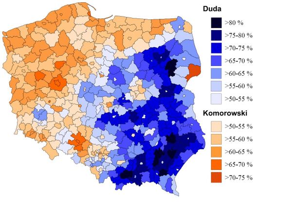 Electoral map from the May 2016 presidential runoff race, showing the geographic divide between Komorowski and Duda. - Sputnik International