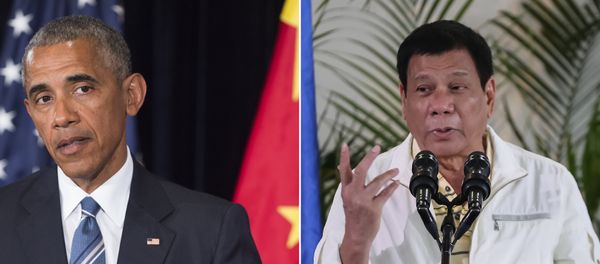 This combination image of two photographs taken on September 5, 2016 shows, at left, US President Barack Obama speaking during a press conference following the conclusion of the G20 summit in Hangzhou, China, and at right, Philippine President Rodrigo Duterte speaking during a press conference in Davao City, the Philippines, prior to his departure for Laos to attend the ASEAN summit This combination image of two photographs taken on September 5, 2016 shows, at left, US President Barack Obama speaking during a press conference following the conclusion of the G20 summit in Hangzhou, China, and at right, Philippine President Rodrigo Duterte speaking during a press conference in Davao City, the Philippines, prior to his departure for Laos to attend the ASEAN summit - Sputnik International