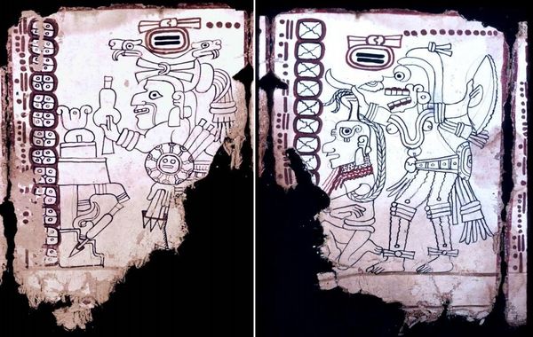 (L) This figure is believed to be the old goddess known as Ix Chel among the Maya, the counterpart of Tlazolteoll and Coatlicue in the Mexican pantheon, on the basis of her aged face and the snakes in her hair. (R) The Death God (God A), with simple headdress and knife in hand, has just decapitated an old Roman-nosed god, from whose neck blood pours. (L) This figure is believed to be the old goddess known as Ix Chel among the Maya, the counterpart of Tlazolteoll and Coatlicue in the Mexican pantheon, on the basis of her aged face and the snakes in her hair. (R) The Death God (God A), with simple headdress and knife in hand, has just decapitated an old Roman-nosed god, from whose neck blood pours. - Sputnik International