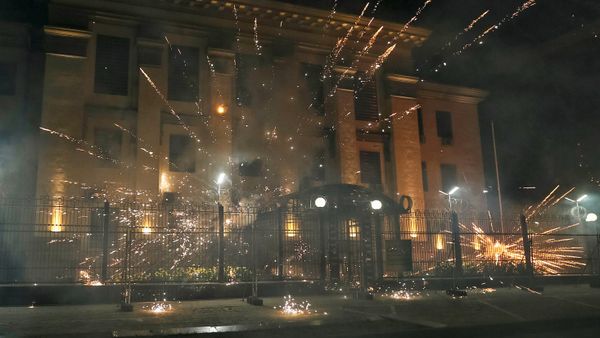 Fireworks launched by protesters, explode near the Russian embassy. Fireworks launched by protesters, explode near the Russian embassy. - Sputnik International